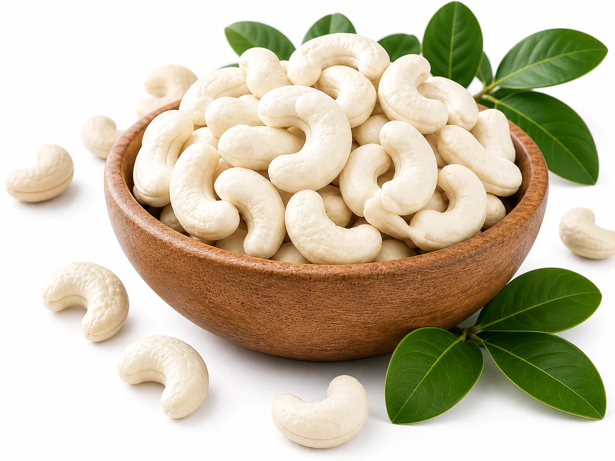 Bowl of premium cashews with green leaves